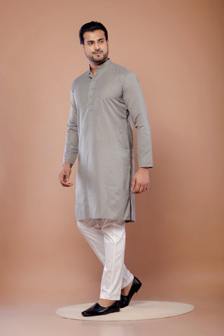 Men's Gray Cotton Plain Kurta