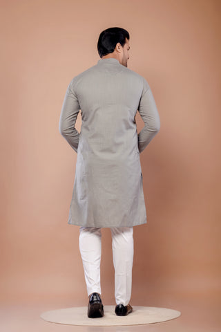 Men's Gray Cotton Plain Kurta