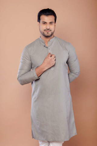 Men's Gray Cotton Plain Kurta