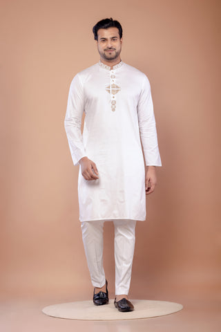 White Hand Embroidered Giza Cotton Kurta for Men