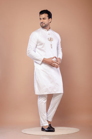 White Hand Embroidered Giza Cotton Kurta for Men