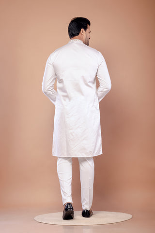 White Hand Embroidered Giza Cotton Kurta for Men