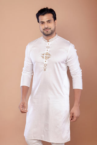 White Hand Embroidered Giza Cotton Kurta for Men