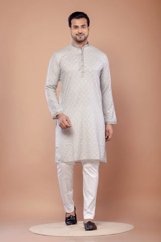 Light Gray Jacquard Cotton Printed Kurta
