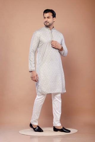 Light Gray Jacquard Cotton Printed Kurta