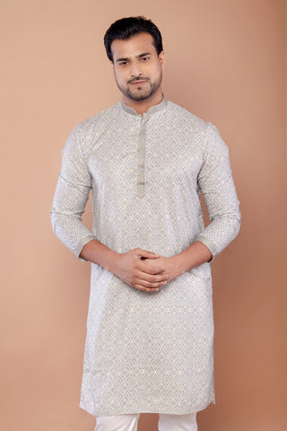 Light Gray Jacquard Cotton Printed Kurta