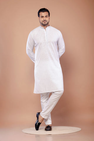 White Self Work Cotton Kurta for Men