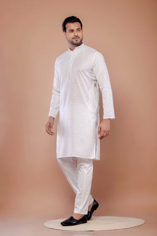 White Self Work Cotton Kurta for Men