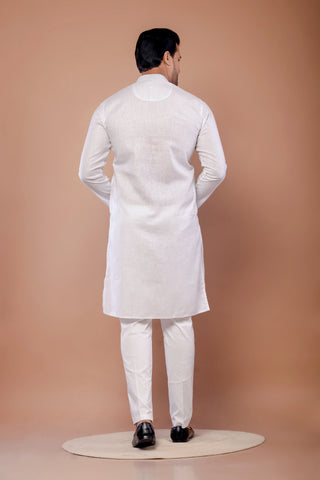 White Self Work Cotton Kurta for Men