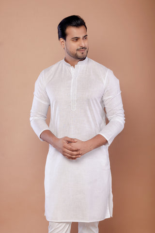 White Self Work Cotton Kurta for Men