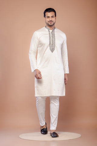 Men's Off White Giza Cotton Moti Work Festive Kurta