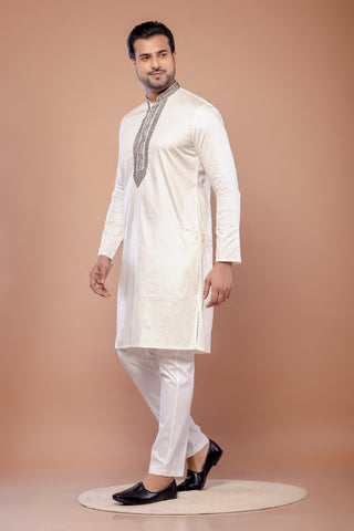 Men's Off White Giza Cotton Moti Work Festive Kurta
