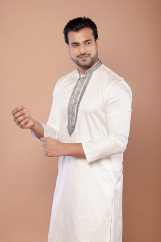 Men's Off White Giza Cotton Moti Work Festive Kurta