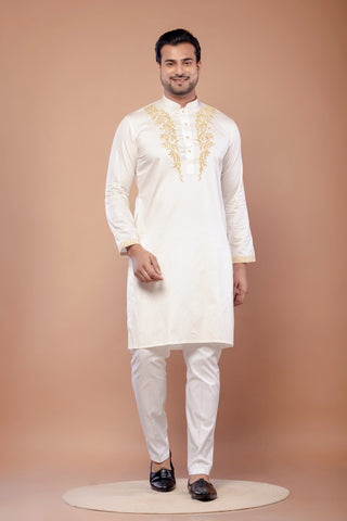 Cream Giza Cotton Self Work Kurta