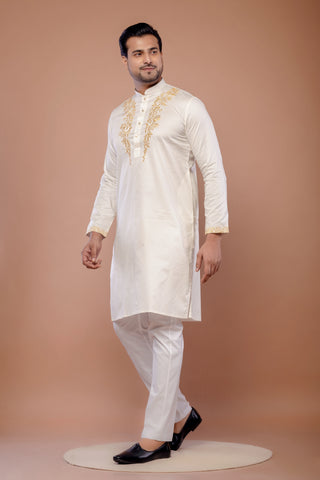 Cream Giza Cotton Self Work Kurta