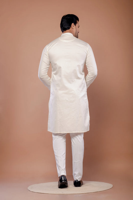 Cream Giza Cotton Self Work Kurta