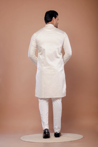 Cream Giza Cotton Self Work Kurta