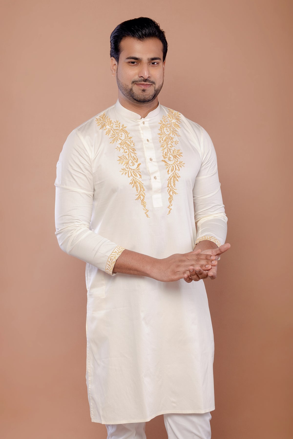 Cream Giza Cotton Self Work Kurta