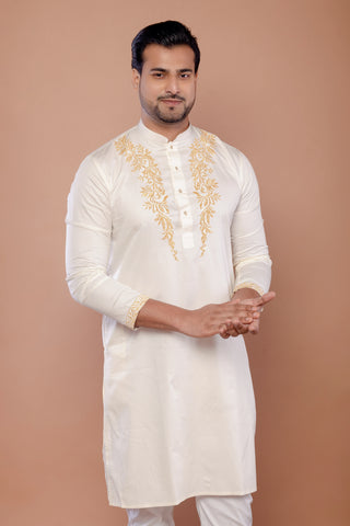 Cream Giza Cotton Self Work Kurta