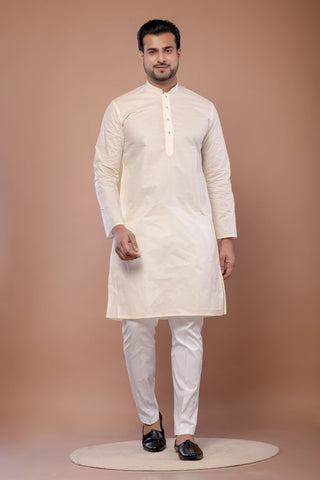 Men's Cream Paper Cotton Plain Kurta