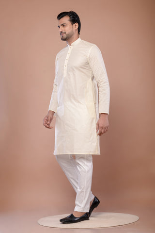 Men's Cream Paper Cotton Plain Kurta