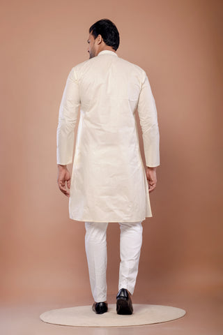 Men's Cream Paper Cotton Plain Kurta