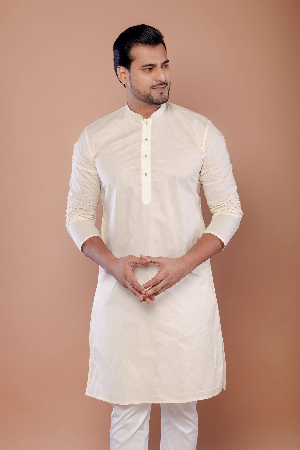 Men's Cream Paper Cotton Plain Kurta