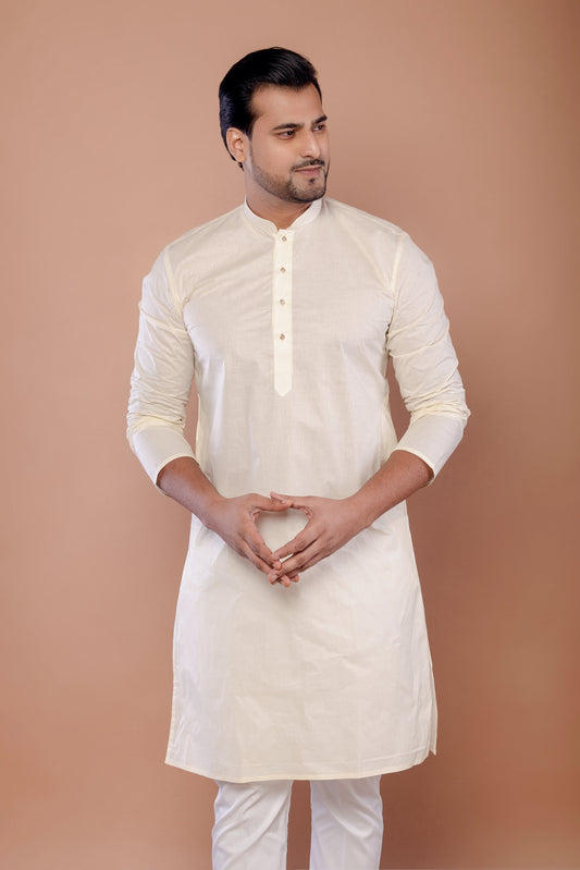 Men's Cream Paper Cotton Plain Kurta
