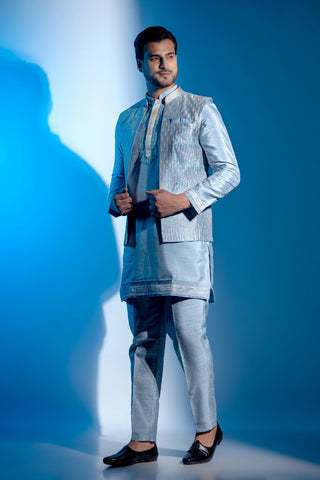 Men's Ice Blue Cotton Self Work Kurta with Jacket Set