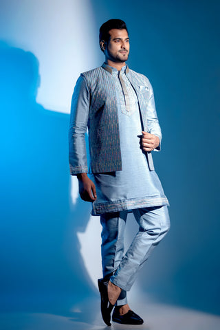 Men's Ice Blue Cotton Self Work Kurta with Jacket Set