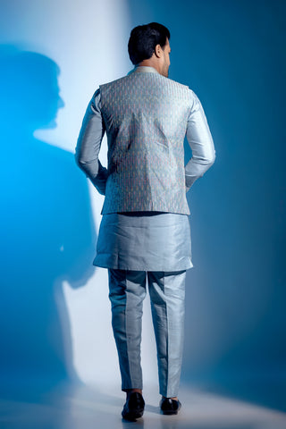 Men's Ice Blue Cotton Self Work Kurta with Jacket Set