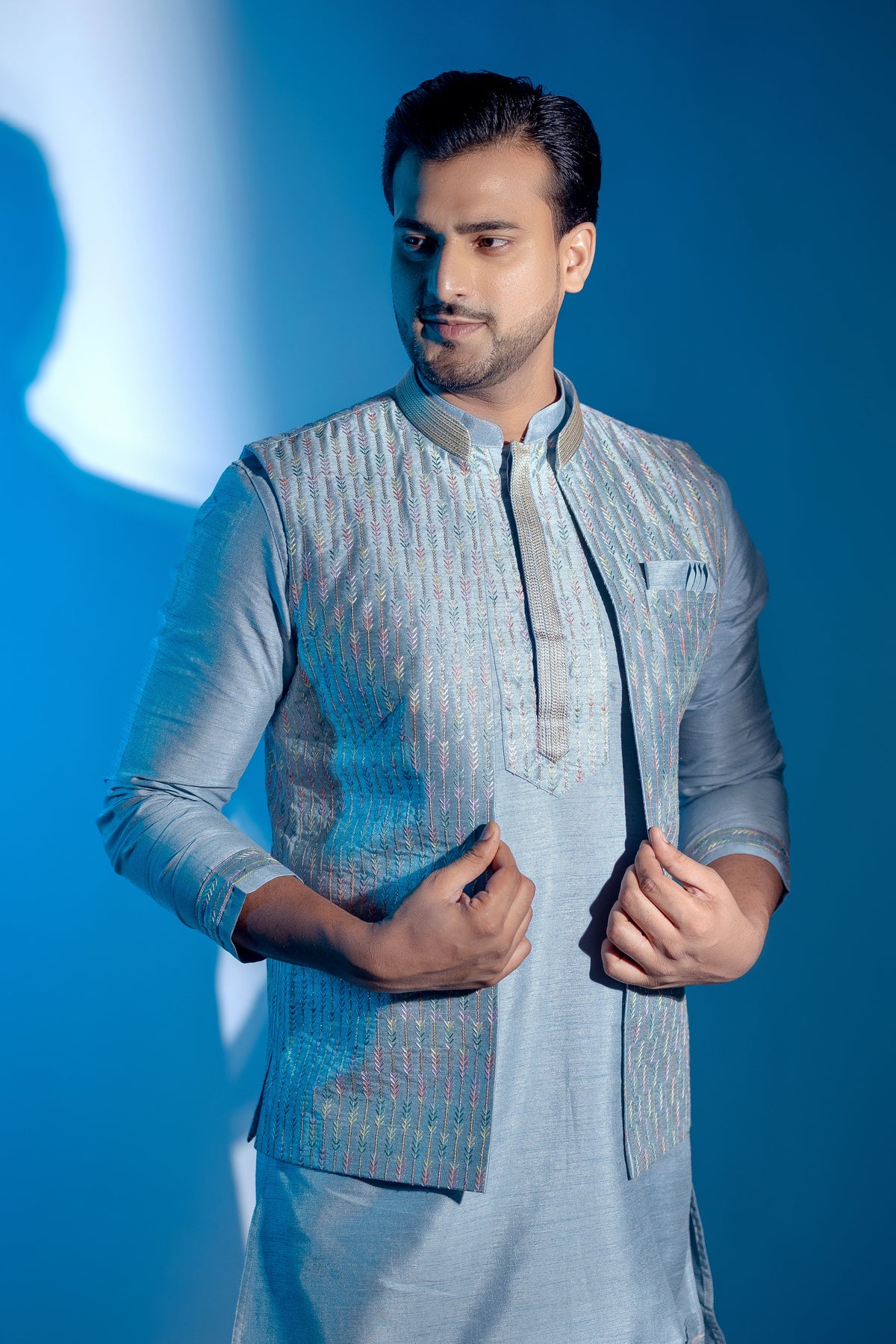 Men's Ice Blue Cotton Self Work Kurta with Jacket Set
