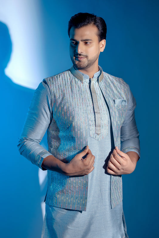 Men's Ice Blue Cotton Self Work Kurta with Jacket Set