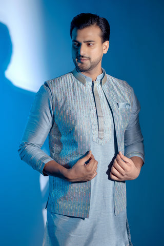 Men's Ice Blue Cotton Self Work Kurta with Jacket Set