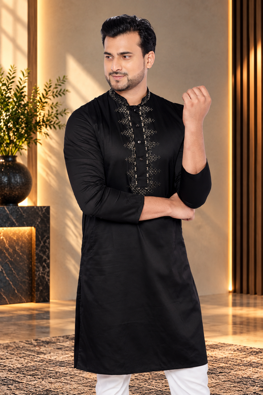 Black Cotton Giza Kurta with Embroidery Detailing  (Only Kurta)