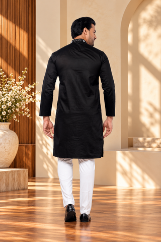 Festive Black Giza Cotton Embroidered Kurta (Only Kurta)