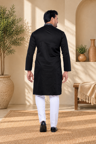 Embroidered Black Giza Cotton Kurta  (Only Kurta)