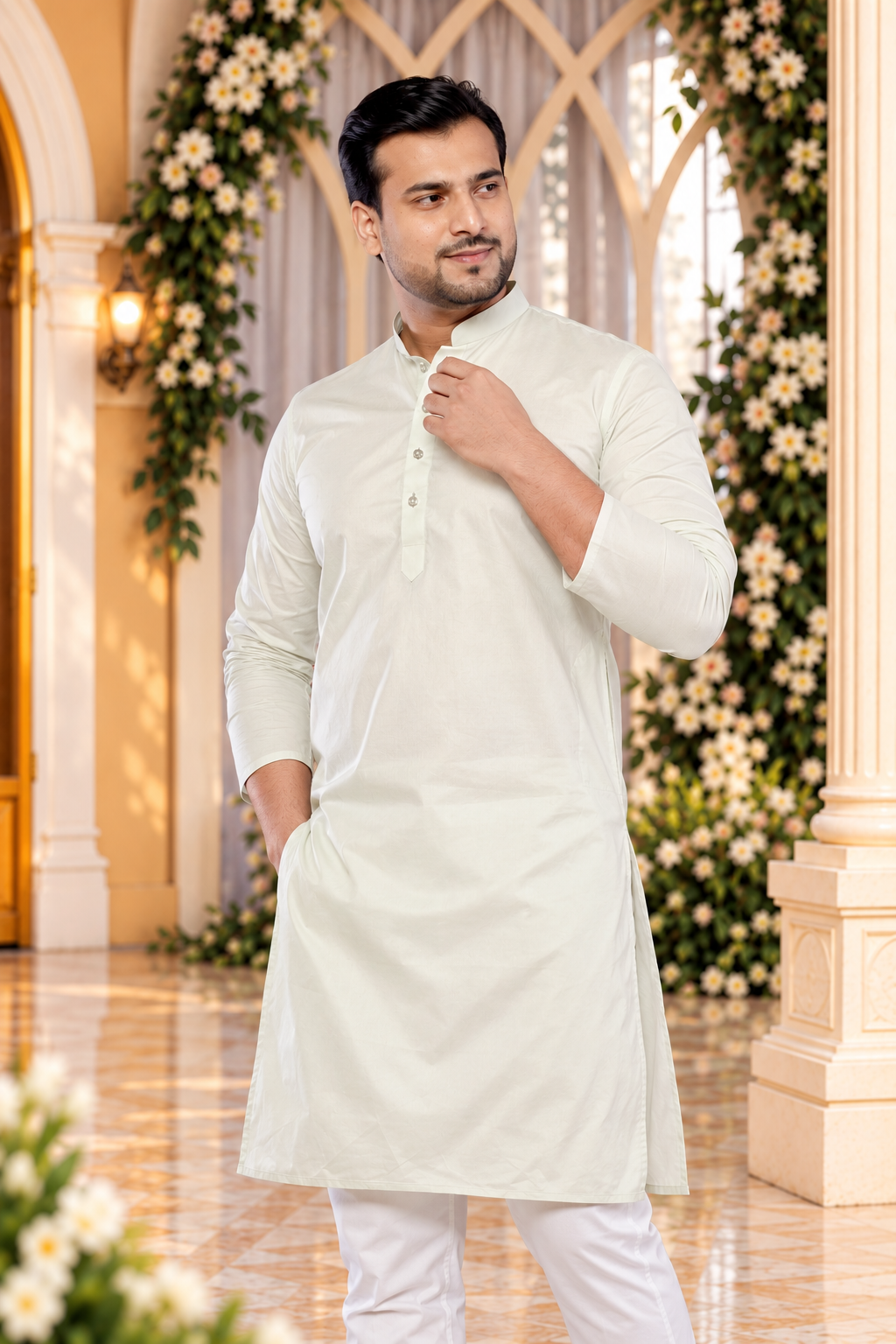 Premium Light Pista Cotton Plain Kurta  (Only Kurta)