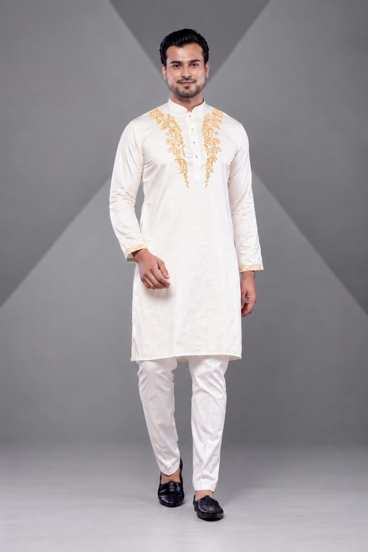 Cream Giza Cotton Self Work Kurta (Only Kurta)