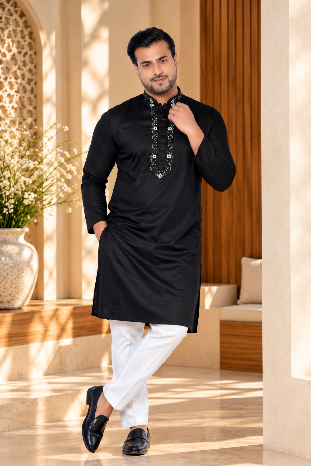 Festive Black Giza Cotton Embroidered Kurta (Only Kurta)