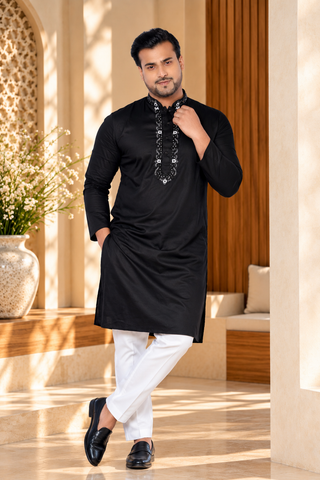 Festive Black Giza Cotton Embroidered Kurta (Only Kurta)