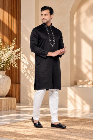 Festive Black Giza Cotton Embroidered Kurta (Only Kurta)