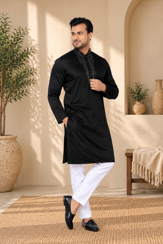 Embroidered Black Giza Cotton Kurta  (Only Kurta)