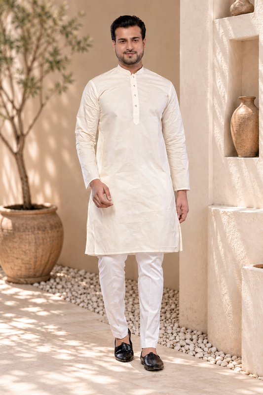 Men's Cream Paper Cotton Plain Kurta  (Only Kurta)