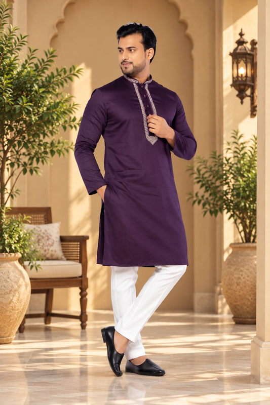 Purple Embroidered Giza Cotton Kurta for Men (Only Kurta)