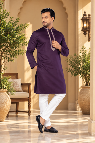Purple Embroidered Giza Cotton Kurta for Men (Only Kurta)