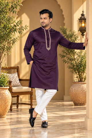 Purple Embroidered Giza Cotton Kurta for Men (Only Kurta)