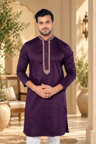 Purple Embroidered Giza Cotton Kurta for Men (Only Kurta)