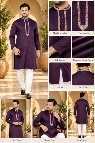 Purple Embroidered Giza Cotton Kurta for Men (Only Kurta)