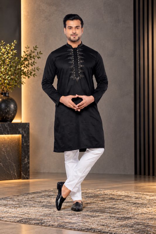 Black Cotton Giza Kurta with Embroidery Detailing  (Only Kurta)